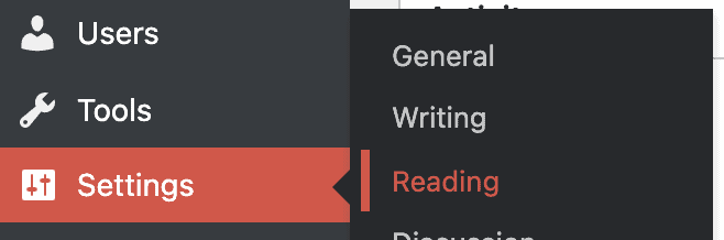 Find the "Reading" page in your WordPress website settings to help update the website to improve search ranking.